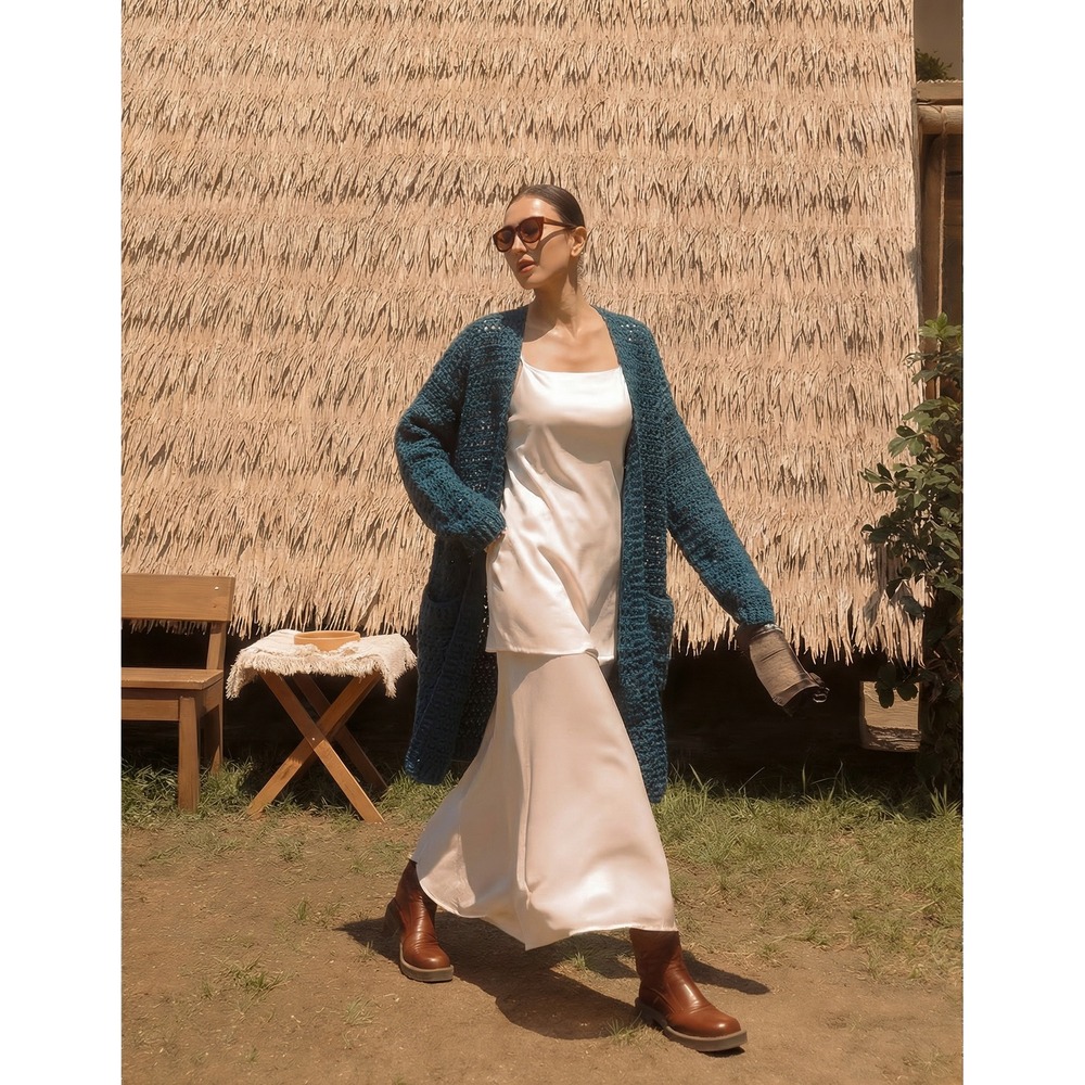 Handmade Crochet Duster Cardigan Teal‎ Blue Longline Open Front Sweater Pockets